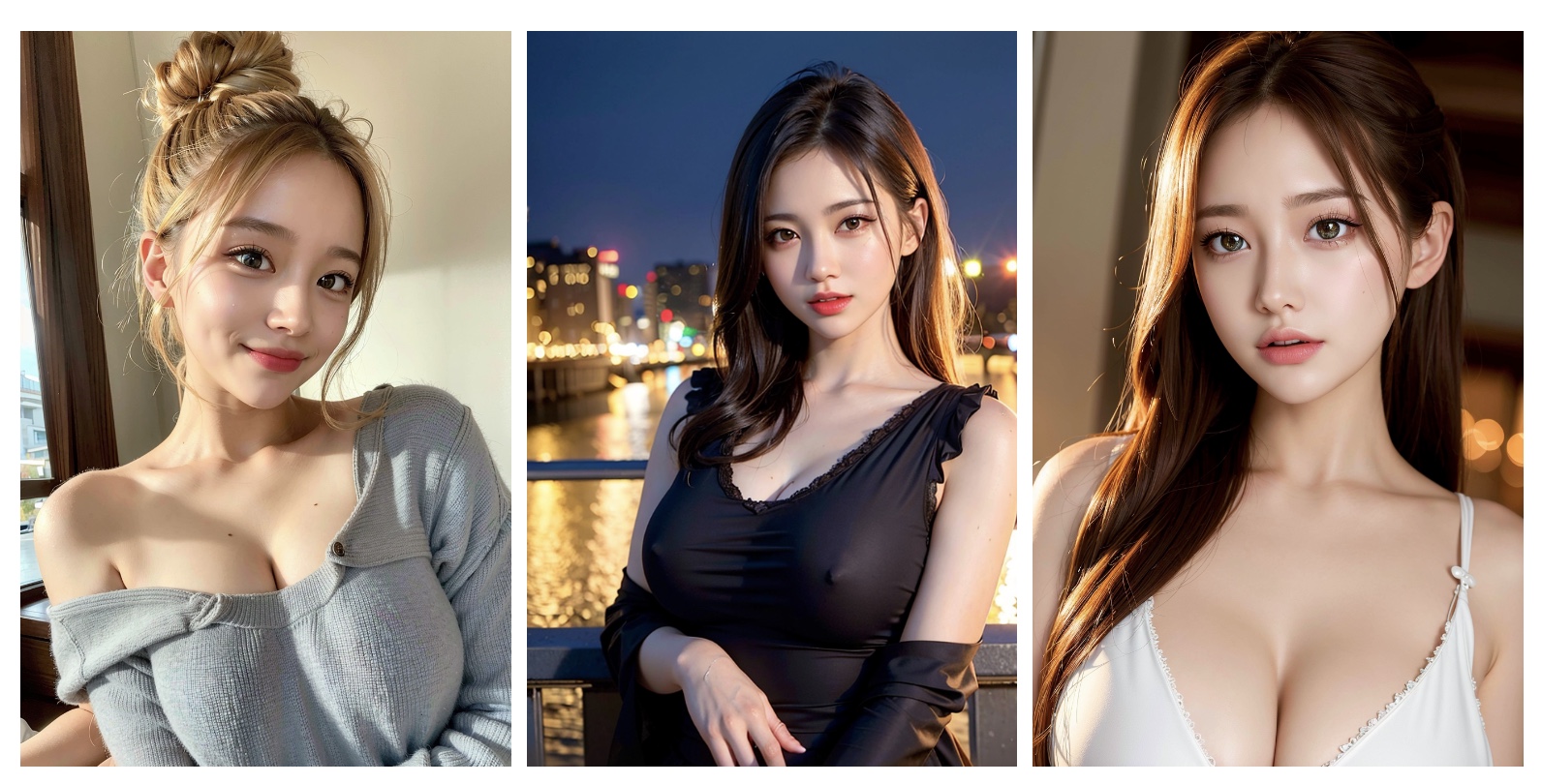 Fotos von drei jungen Frauen, die komplett mit dem KI Bildgenerator Stable Diffusion erstellt wurden.